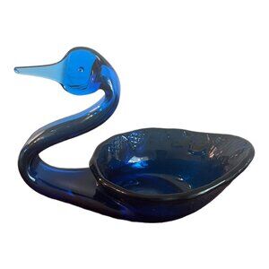 Vintage Cobalt Blue Art Glass Swan Dish Bowl Mid Century Murano Style 5"x8.5"